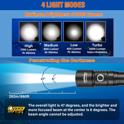 3000 Lumens Scuba Diving Flashlight with Narrow Beam
