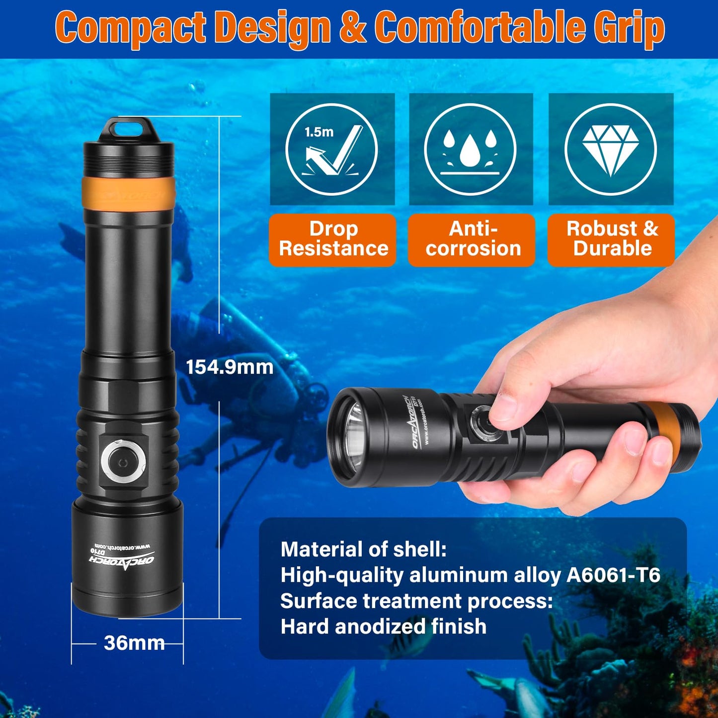 3000 Lumens Scuba Diving Flashlight with Narrow Beam