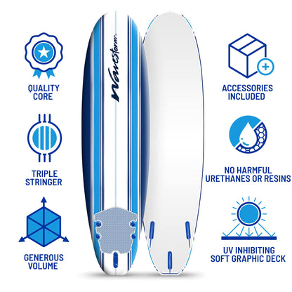7 ft Classic Soft Top Foam Surfboard with Leash & Fins