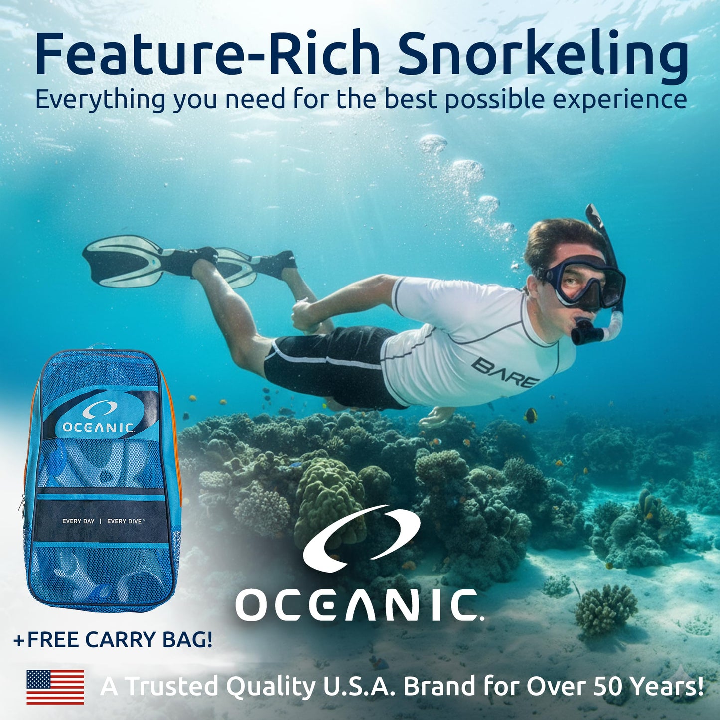 Adult Snorkel Set with Dry-Top Snorkel & Adjustable Fins